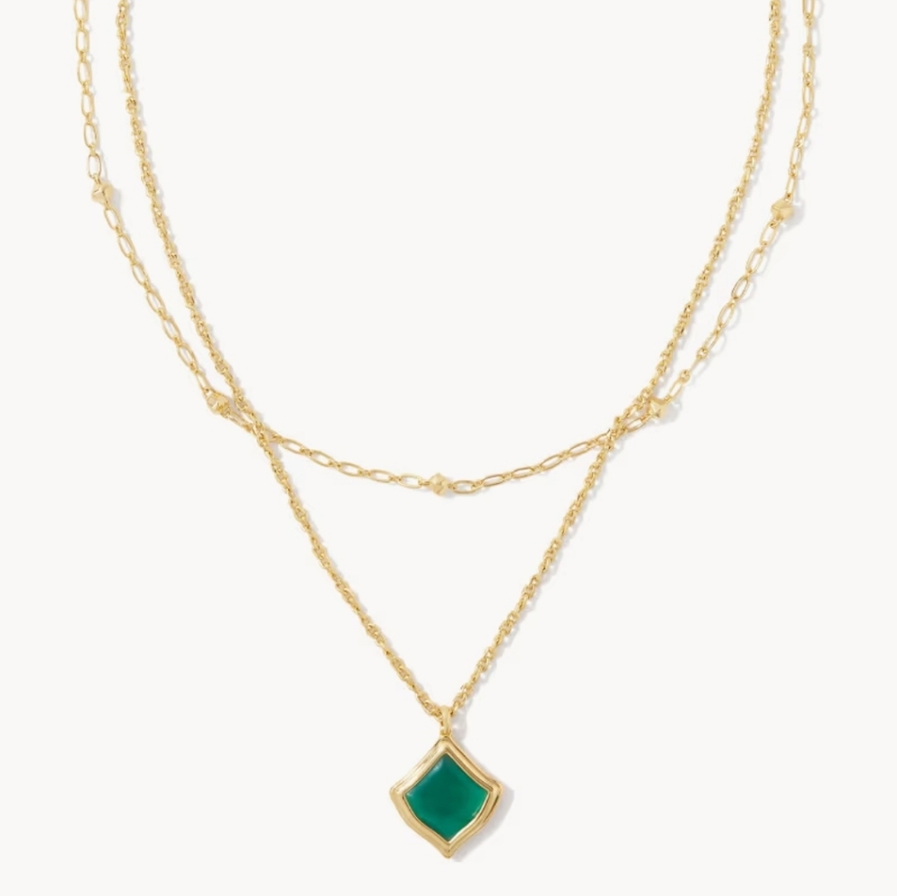 Kendra Scott Gold Layered Necklace with Green Pendant